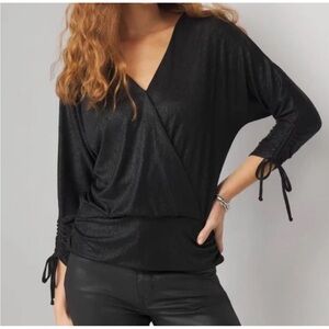 White House Black Market Black Metallic Ruched Splice Top NWT- Size M